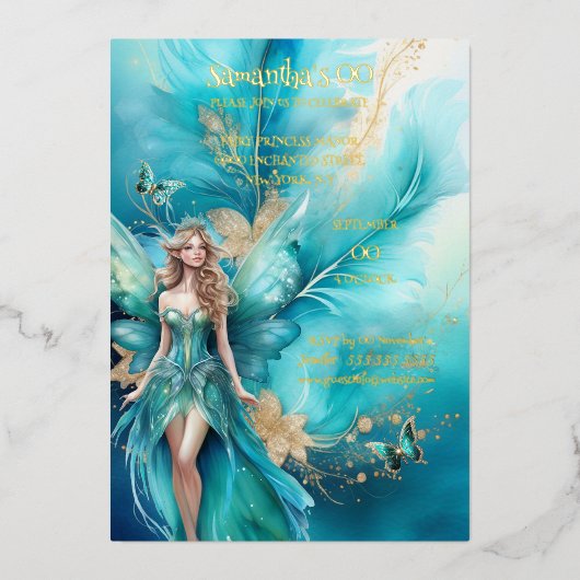 Sprookjesprinses blauwgroen gouden mythisch sprook folie uitnodiging (Voorkant)