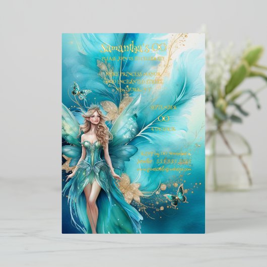 Sprookjesprinses blauwgroen gouden mythisch sprook folie uitnodiging (Staand Voorkant)