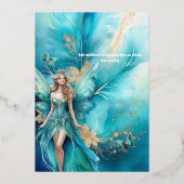 Sprookjesprinses blauwgroen gouden mythisch sprook folie uitnodiging (Achterkant)