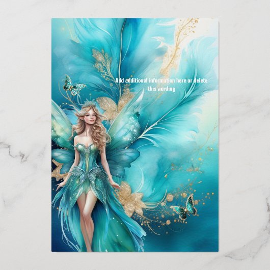 Sprookjesprinses blauwgroen gouden mythisch sprook folie uitnodiging (Achterkant)