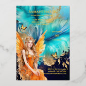 Sprookjesprinses blauwgroen sinaasappel mythisch s folie uitnodiging (Voorkant)