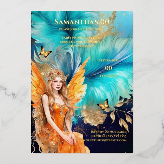 Sprookjesprinses blauwgroen sinaasappel mythisch s folie uitnodiging (Voorkant)