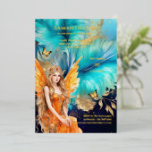 Sprookjesprinses blauwgroen sinaasappel mythisch s folie uitnodiging (Staand Voorkant)