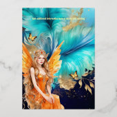 Sprookjesprinses blauwgroen sinaasappel mythisch s folie uitnodiging (Achterkant)