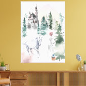 Sprookjesprinses en eenhoorn in de buurt van Kaste Canvas Afdruk (Insitu (Woonkamer))