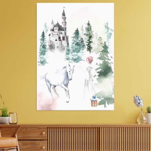 Sprookjesprinses en eenhoorn in de buurt van Kaste Canvas Afdruk (Insitu (Woonkamer))