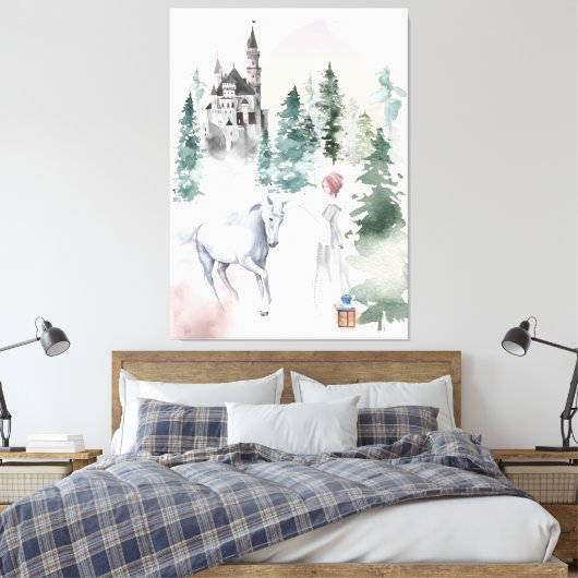 Sprookjesprinses en eenhoorn in de buurt van Kaste Canvas Afdruk (Insitu (Slaapkamer))