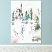 Sprookjesprinses en eenhoorn in de buurt van Kaste Canvas Afdruk (Insitu (Houten vloer))