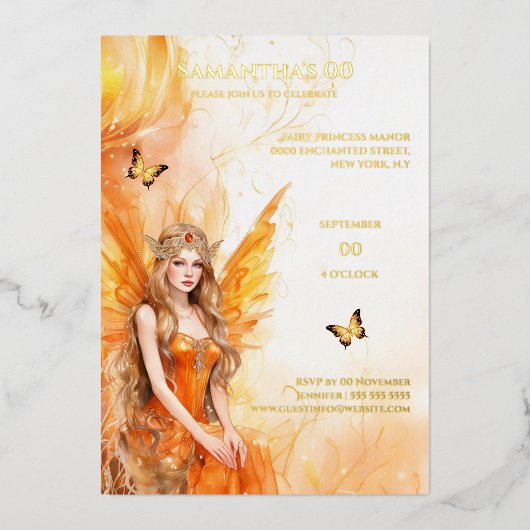 Sprookjesprinses gouden sinaasappel mythisch sproo folie uitnodiging (Voorkant)