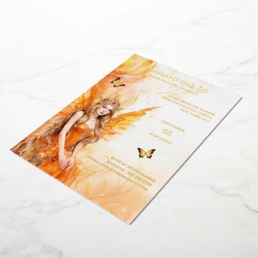 Sprookjesprinses gouden sinaasappel mythisch sproo folie uitnodiging (Gedraaid)