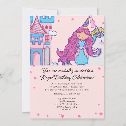 Sprookjesprinses met eenhoorn Verjaardagsfeest Kaart (Voorkant)