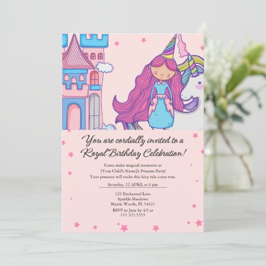 Sprookjesprinses met eenhoorn Verjaardagsfeest Kaart (Staand voorkant)