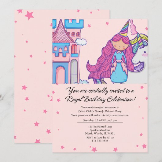 Sprookjesprinses met eenhoorn Verjaardagsfeest Kaart (Voorkant / Achterkant)