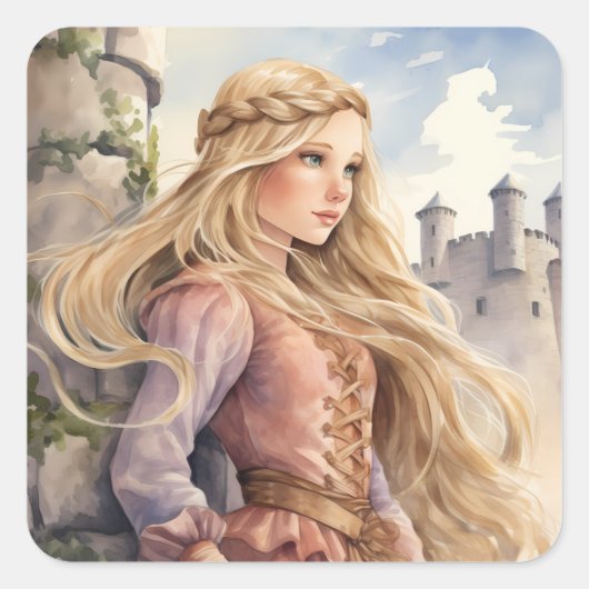 Sprookjesprinses Rapunzel en een middeleeuws kaste Vierkante Sticker (Voorkant)