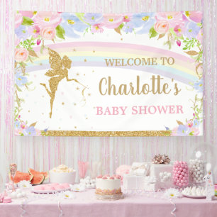 Sprookjesroze Blauw Bloemachtig Baby Shower Achter Spandoek