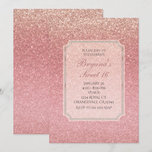 Sprookjesroze Glitter Sweet 16 Feest Uitnodigingen (Voorkant / Achterkant)