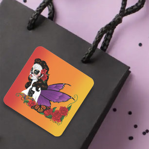 Sprookjessuiker Schedel Paarse Vleugels Rozen Zons Vierkante Sticker