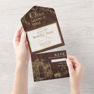 Sprookjesthema Gouden Kasteel op Vintage Leer All In One Uitnodiging
