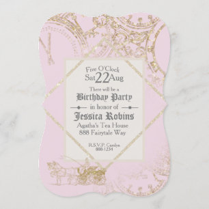 Sprookjesthema Kaste Koets Goud Glitter Roze Kaart