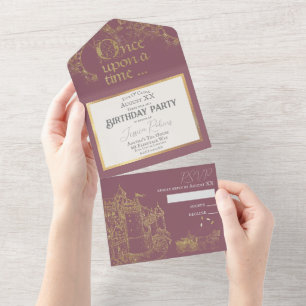 Sprookjesthema Kasteel Koets Goud & Blush Roze All In One Uitnodiging