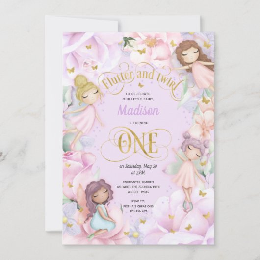 Sprookjestuin Elf, Roze paarse bloemen Uitnodiging (Voorkant)