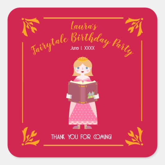 Sprookjesverhalen Meisje Verjaardagsfeest Vierkante Sticker (Voorkant)