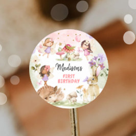 Sprookjesverjaardag 1e Betoverd Bos Meisje Bloemen Ronde Sticker