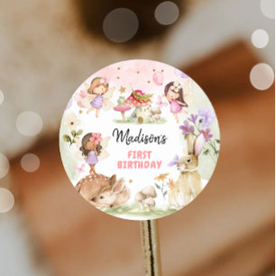 Sprookjesverjaardag 1e Betoverd Bos Meisje Bloemen Ronde Sticker