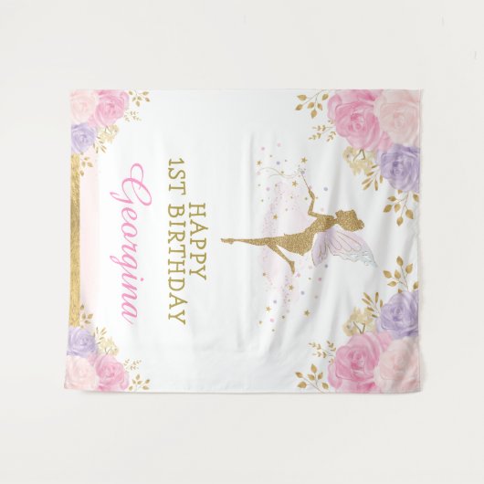 Sprookjesverjaardag Roze Paarse Bloem Feest Achter Wandkleed (Voorkant (horizontaal))