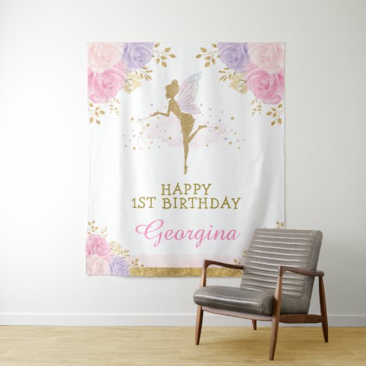 Sprookjesverjaardag Roze Paarse Bloem Feest Achter Wandkleed (In situ)