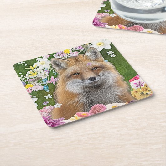 Sprookjesvos in het bloemenveld kartonnen onderzetters (Schuin)
