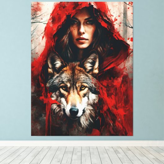 Sprookjesvrouw en een wolf canvas afdruk (Insitu (Houten vloer))