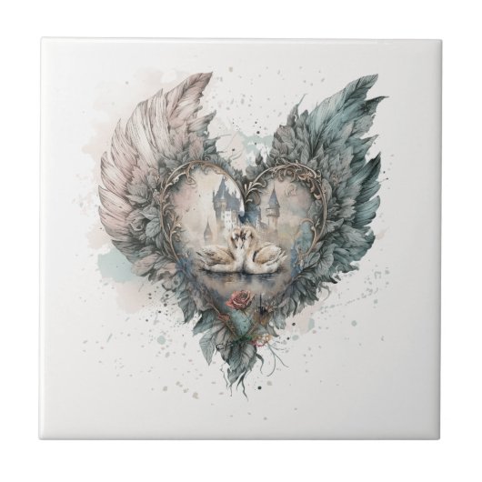 Sprookjeszwanen in gevederde hart tegeltje (Voorkant)