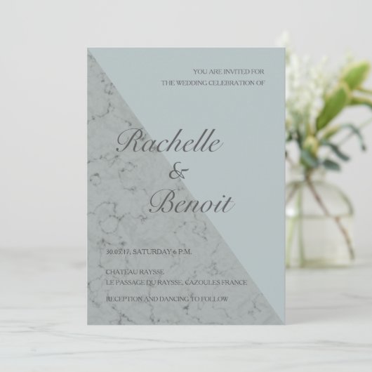 Spruce blue grijs marmer elegant modern huwelijk kaart (Staand voorkant)