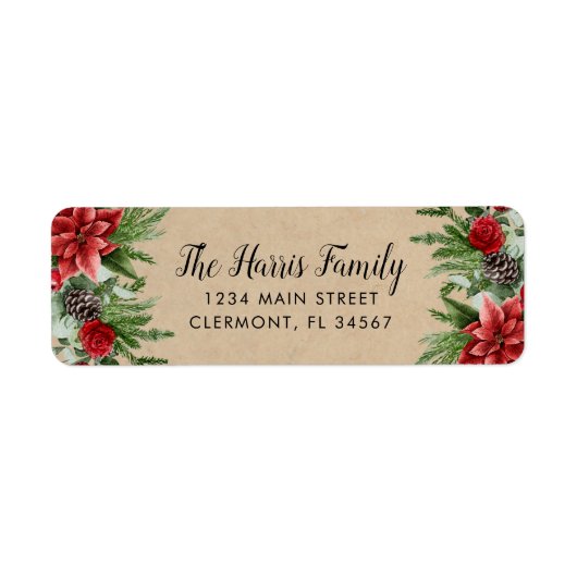 Spruce Pinecone en Poinsettia Kraft Paper Etiket (Voorkant)