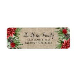 Spruce Pinecone en Poinsettia op Burlap Etiket