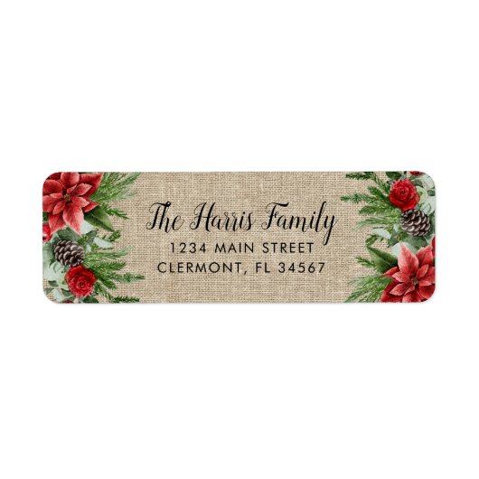 Spruce Pinecone en Poinsettia op Burlap Etiket (Voorkant)