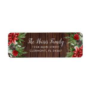Spruce Pinecone en Poinsettia op hout Etiket