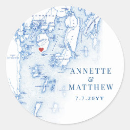 Spruce Point Maine Kaart Elegant Blauw Bruiloft Fa Ronde Sticker