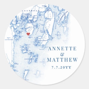 Spruce Point Maine Kaart Elegant Blauw Bruiloft Fa Ronde Sticker