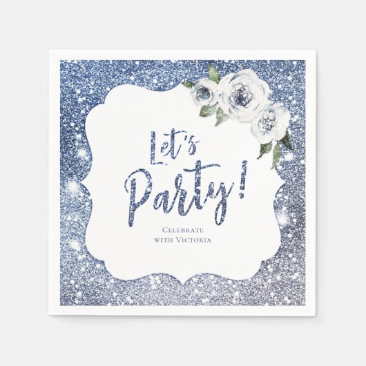Spruitblauwe glitter en bloemenfeest servet (Voorkant)