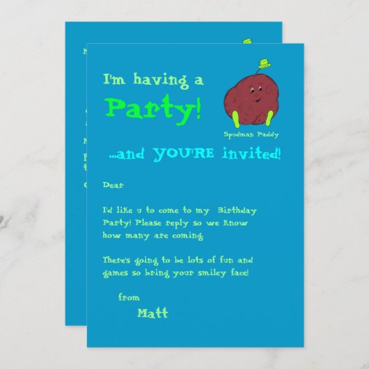 Spudman Paddy party nodigt uit Kaart (Voorkant / Achterkant)