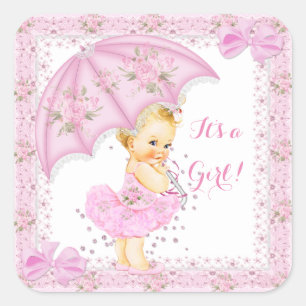 Spuit Baby Shower Meisje Bloem Roze Blond Vierkante Sticker