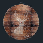 spuitdoppen op het dartboard van hout dartbord<br><div class="desc">Dartboard met een roestvrij hout met een witte verstuifde hertenkop silhouet en aanpasbare tekst.</div>