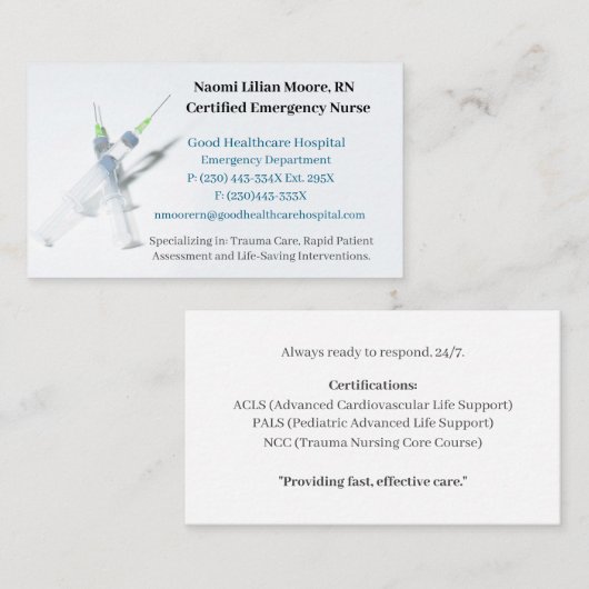 Spuiten Ziekenhuis Gezondheidszorg Geregistreerde  Visitekaartje (Voorkant / Achterkant)