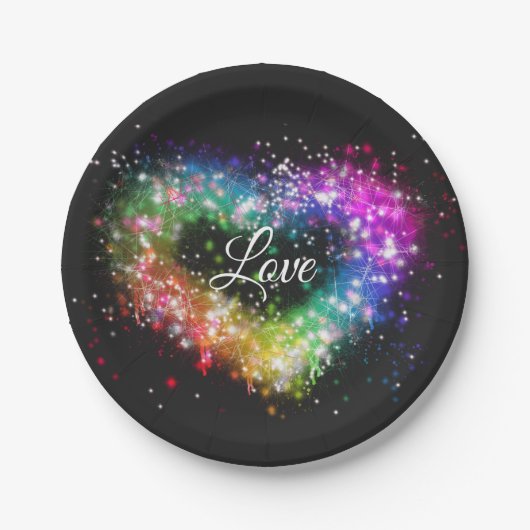 Spuitverf met regenboogkleurige verf die glitter-h papieren bordje (Voorkant)