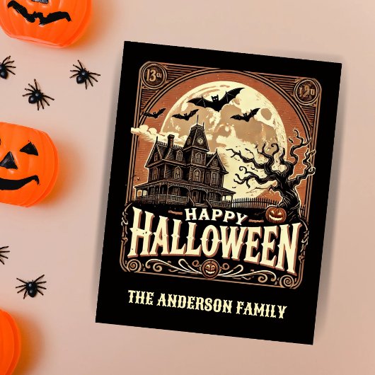 Spukhuis Pompoenen Griezelig Eng Halloween Feestdagenkaart