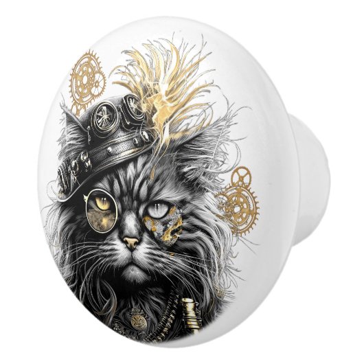 Spunky Paws De Funky Steampunk Kat  Keramische Knop (Rechts)