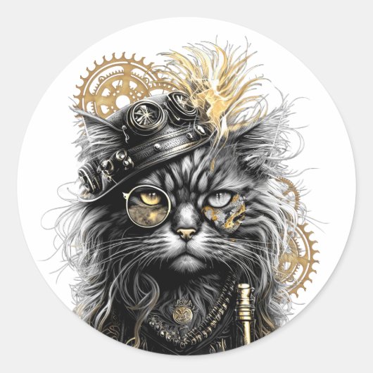 Spunky Paws De Funky Steampunk Kat Ronde Sticker (Voorkant)