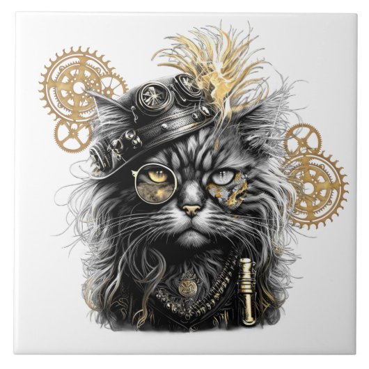 Spunky Paws De Funky Steampunk Kat Tegeltje (Voorkant)